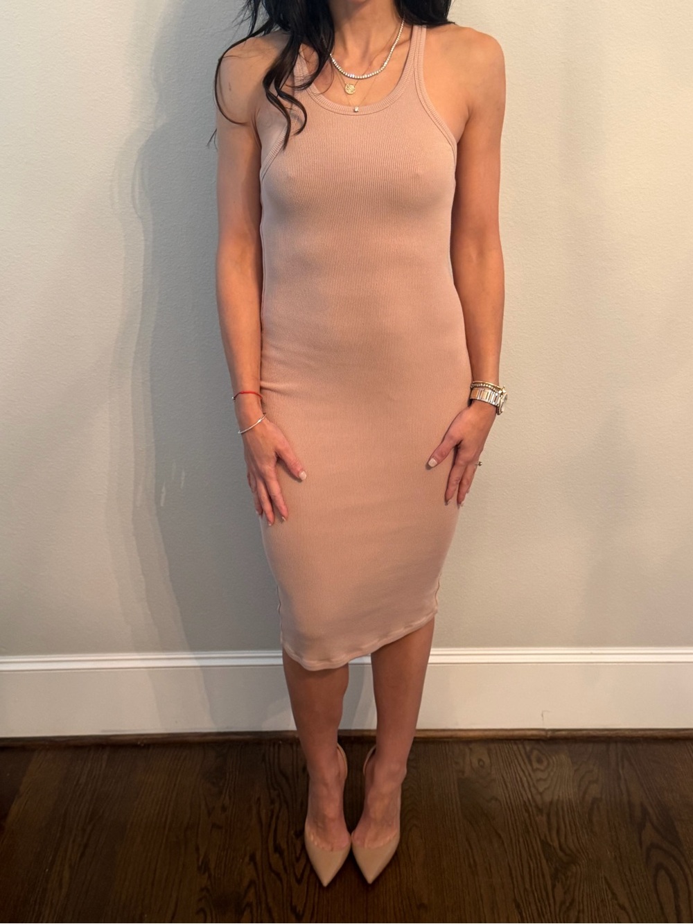 LNA Nude Ribbed Tank Bodycon Midi Dress